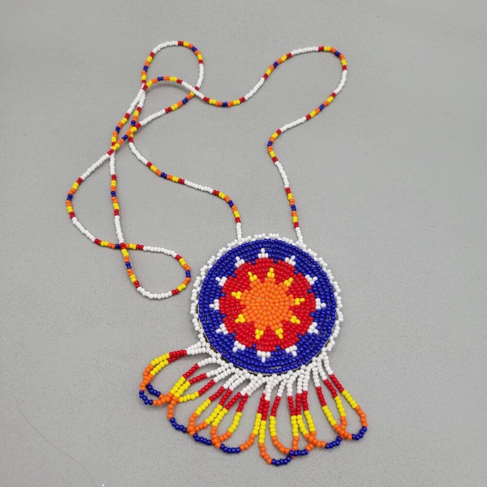 Handcrafted Beaded Necklace Round Sunburst Leather Pendant Fringe 30 Inch